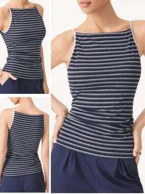 OGL | Striped Side Ruched Spaghetti New Airy Bra Tank Navy Blue Stripe | Small